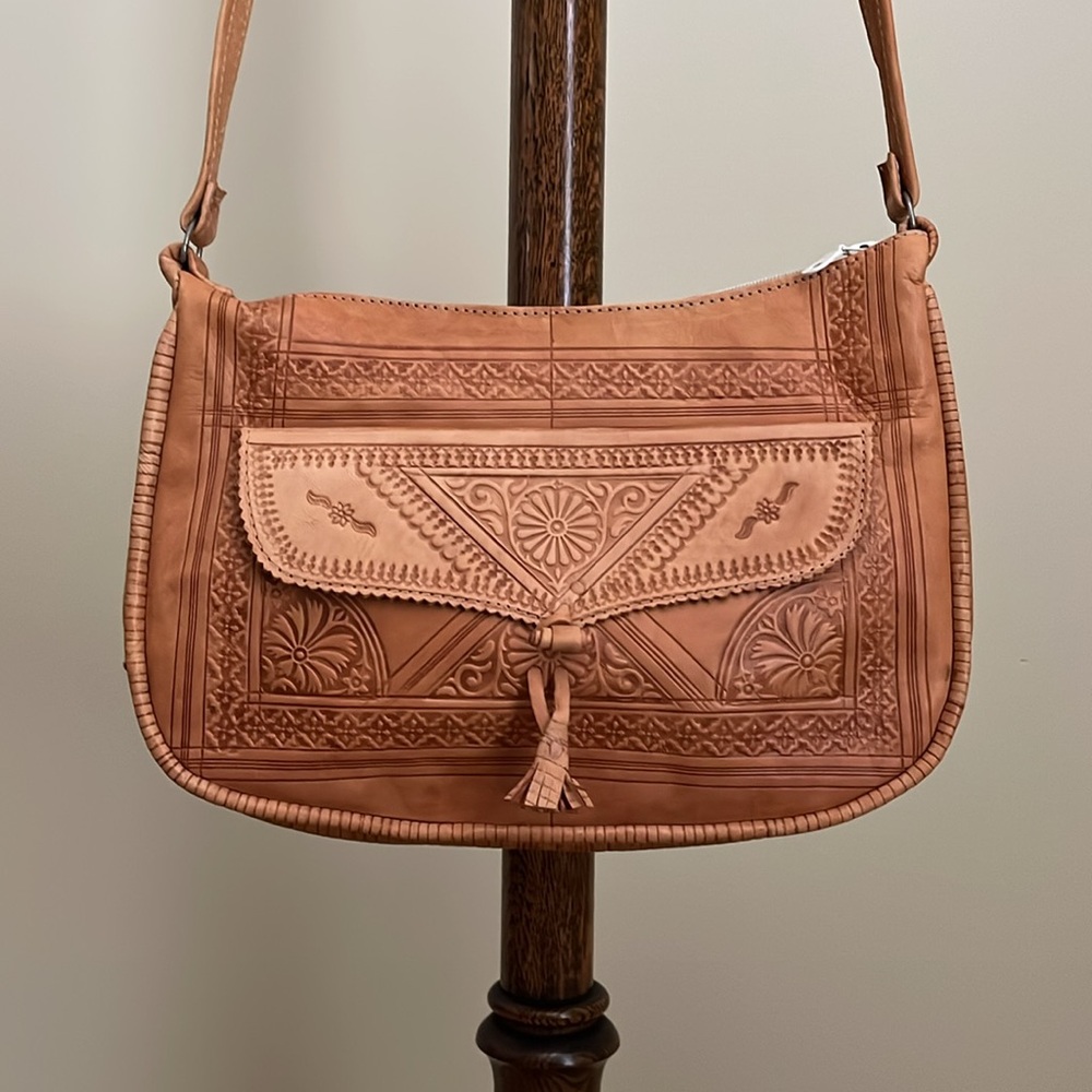 NWOT - Moroccan Artisan Tooled Leather Crossbody Bag - Approx 12”x10”x2”